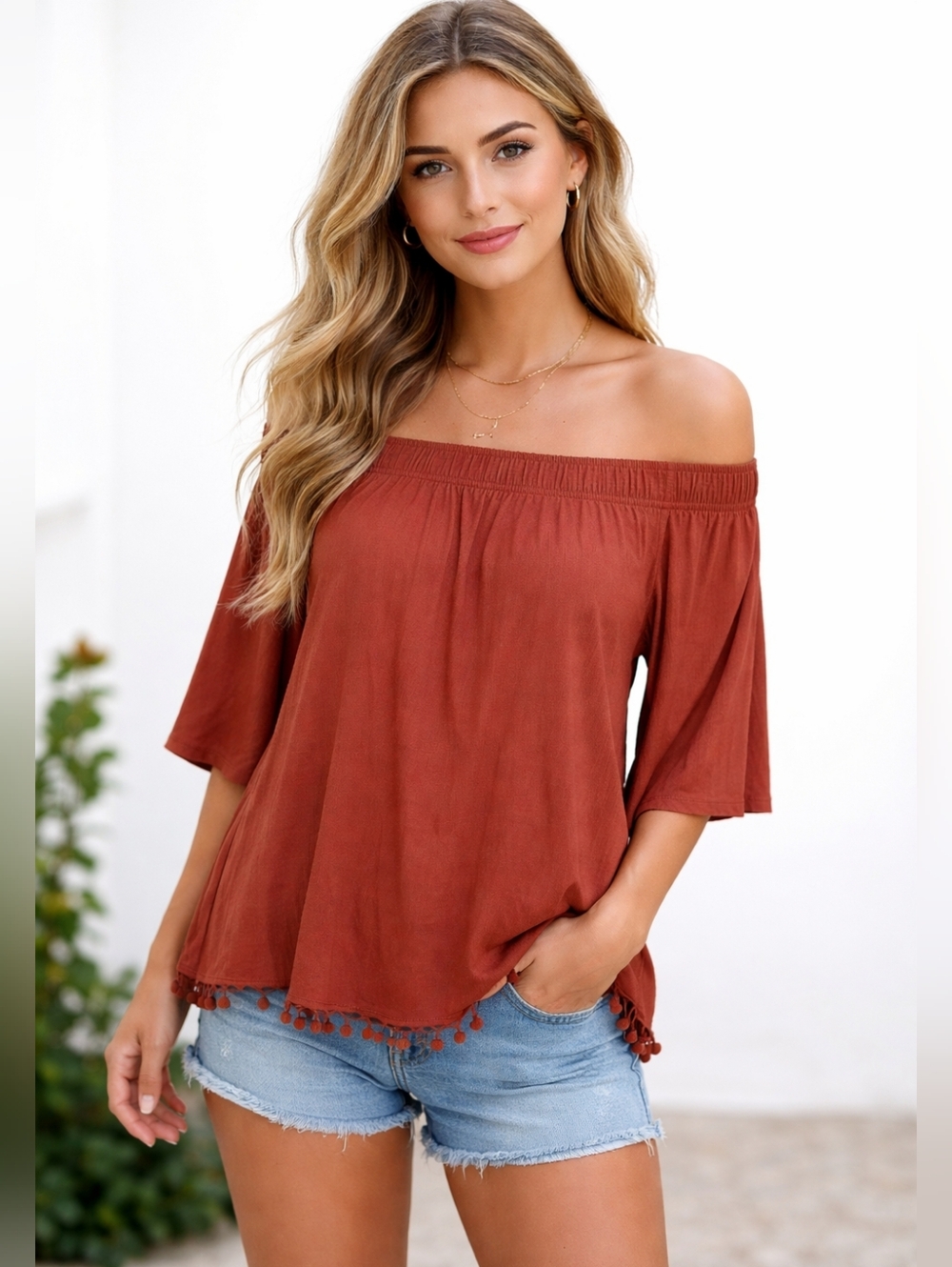 Off-Shoulder Rust Pom-Pom Hem Women's Top